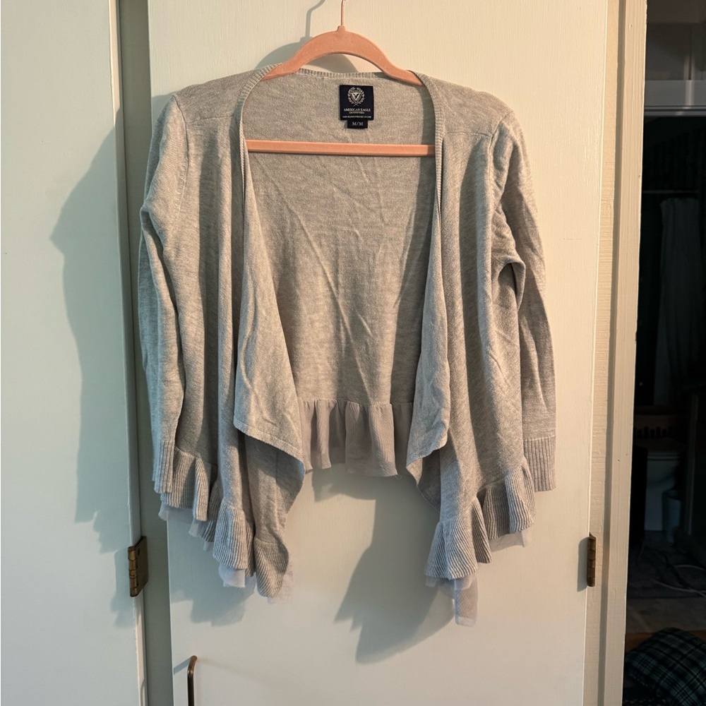 American Eagle 3/4 length sleeve tulle ruffle hem sweater